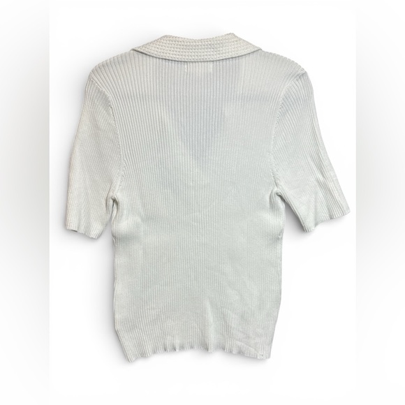 Marled Ribbed Knit Polo Top XL White Short Sleeve Rayon Blend Stretchy - Picture 2 of 9